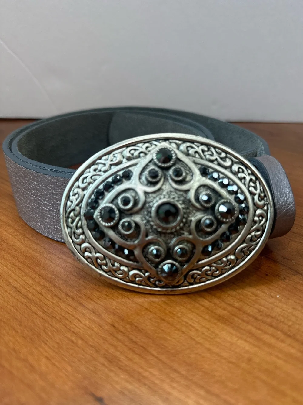 Gabriel B Rhinestone Encrusted Ornate Bling Silver Buckle Leather Belt 38